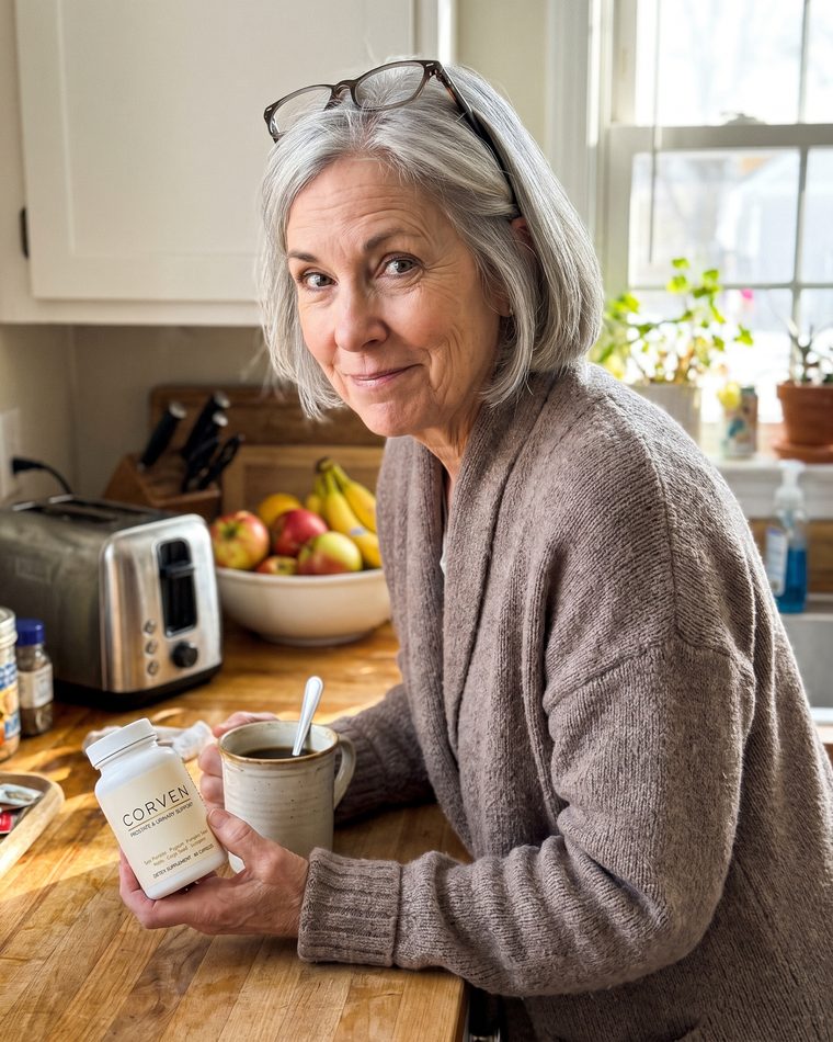 Diane P., holding a bottle of Corven