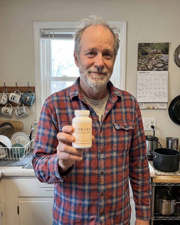 Frank D., holding a bottle of Corven