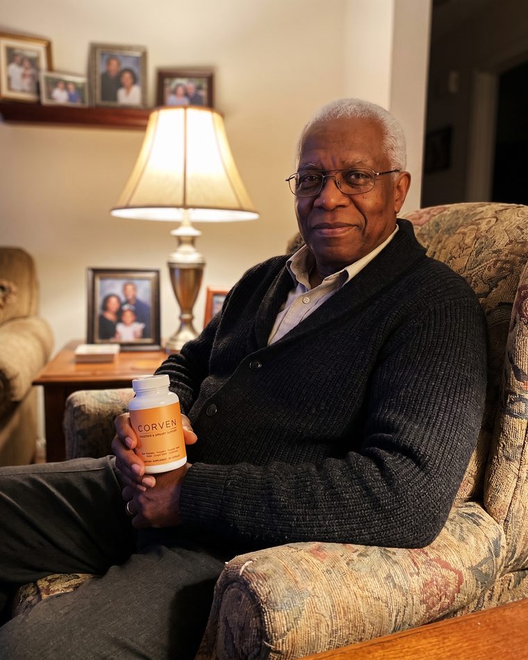 Otis R., holding a bottle of Corven