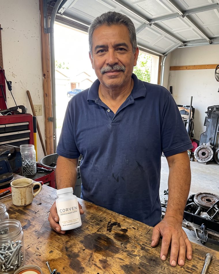 Rene M., holding a bottle of Corven