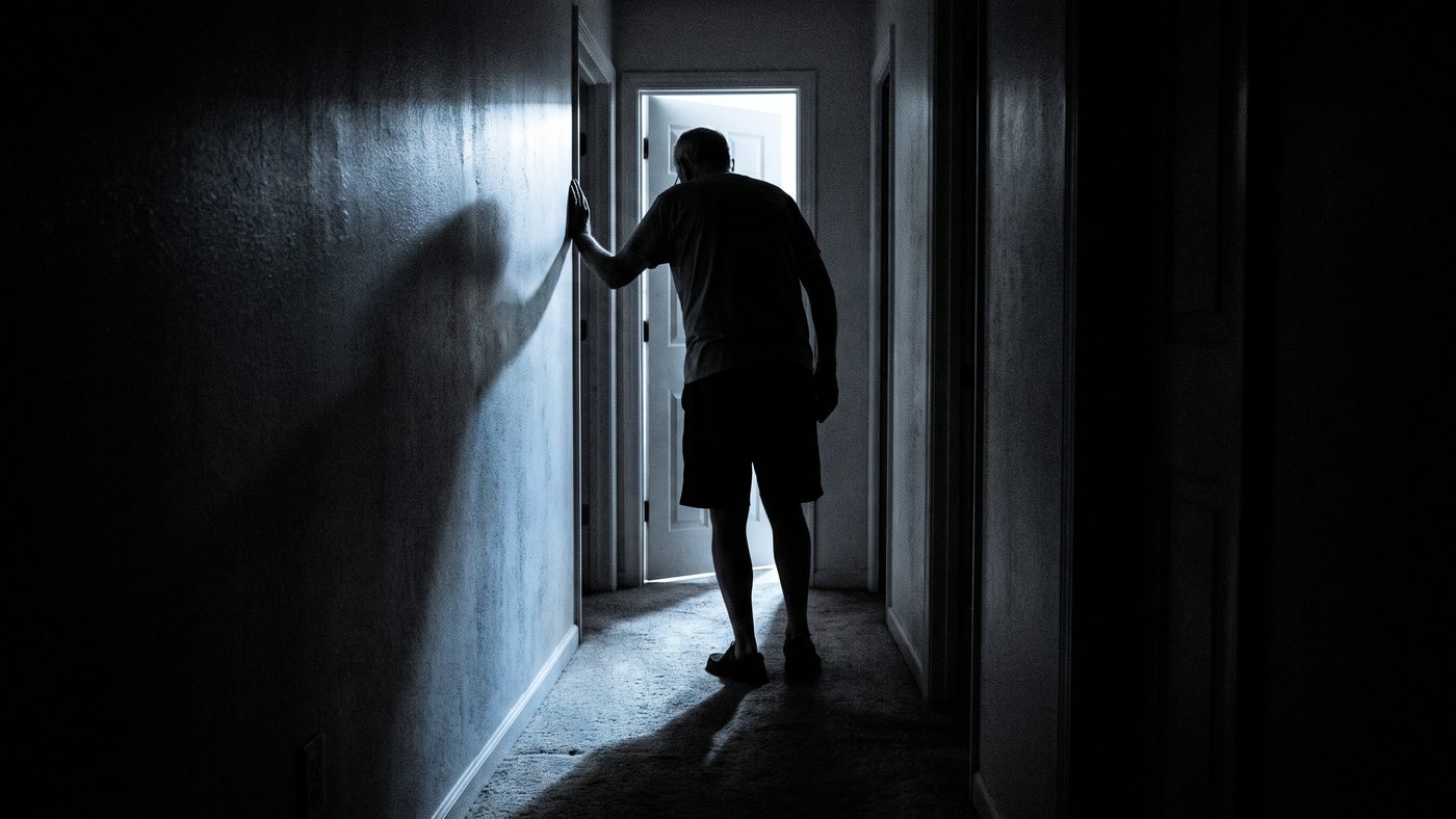 A dark upstairs hallway at night, lit only by an open bathroom door