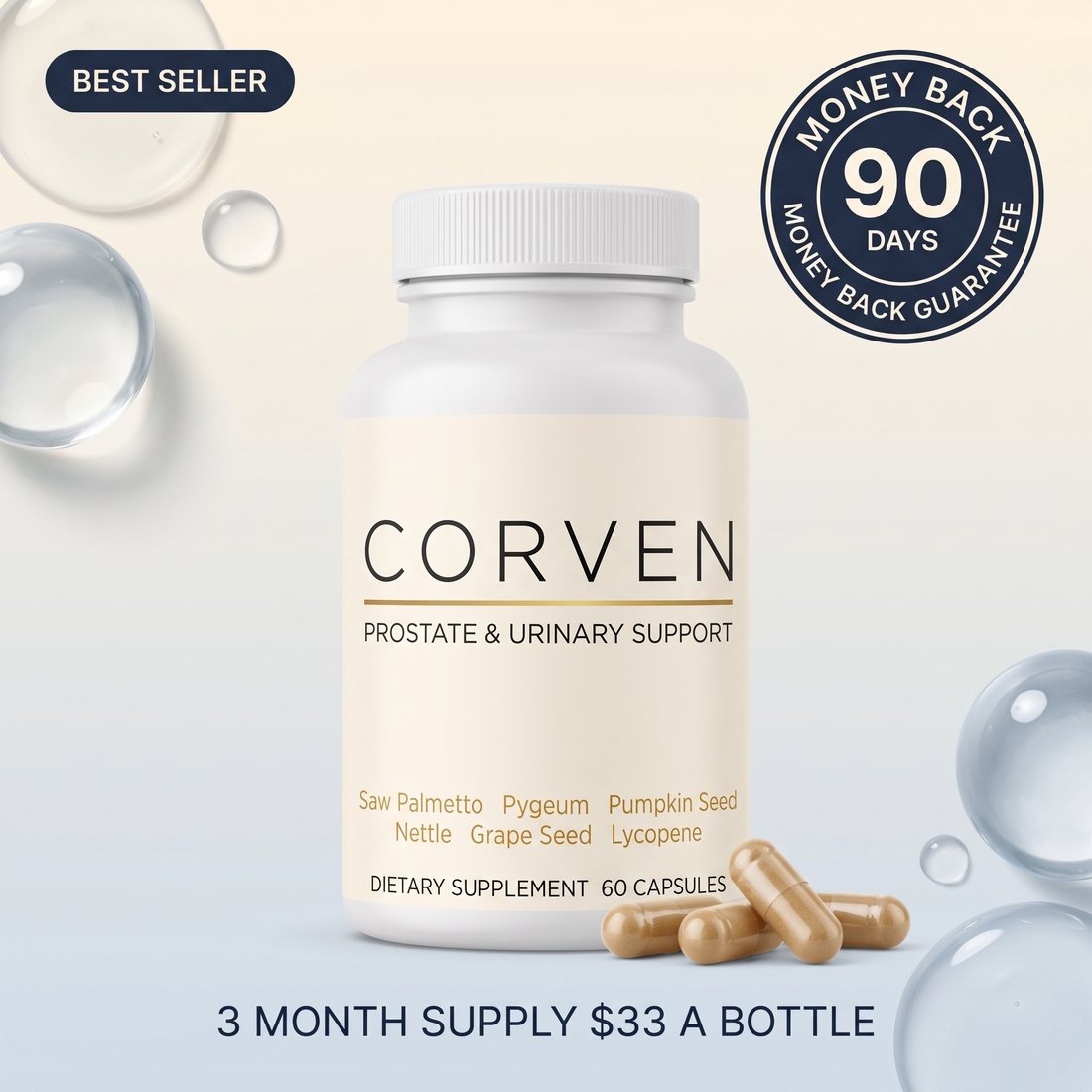 Corven bottle with capsules, 90 day money-back guarantee