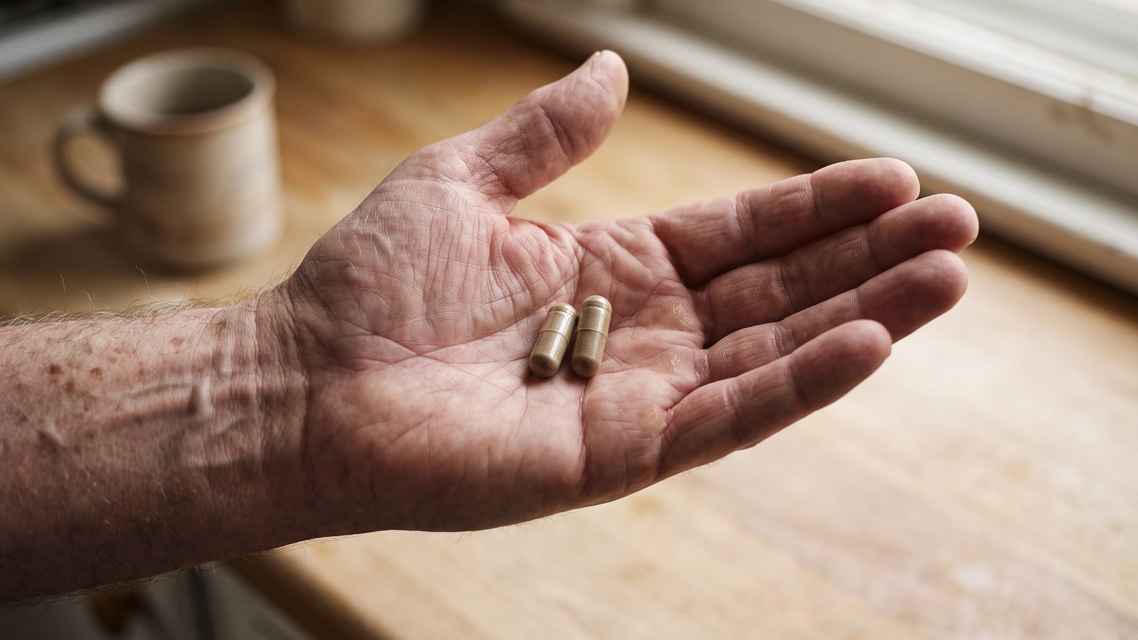 Two capsules held in an open palm