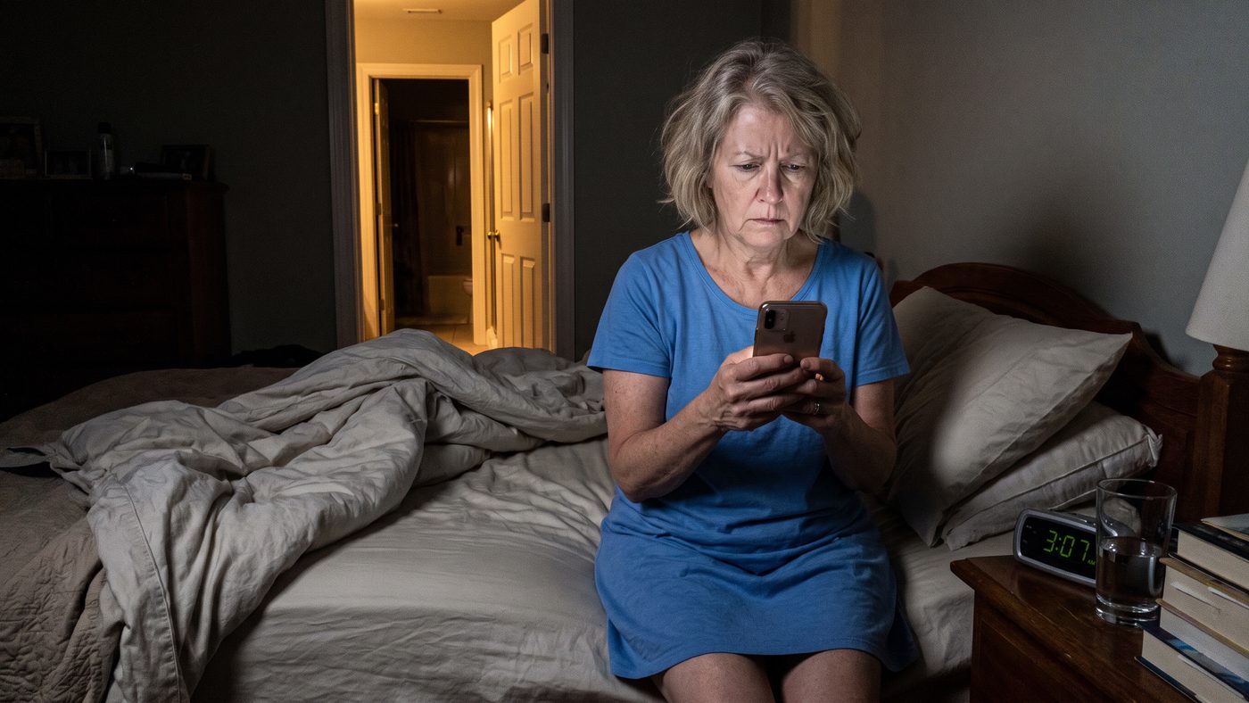 A woman awake in bed at three in the morning, the other half of the bed empty