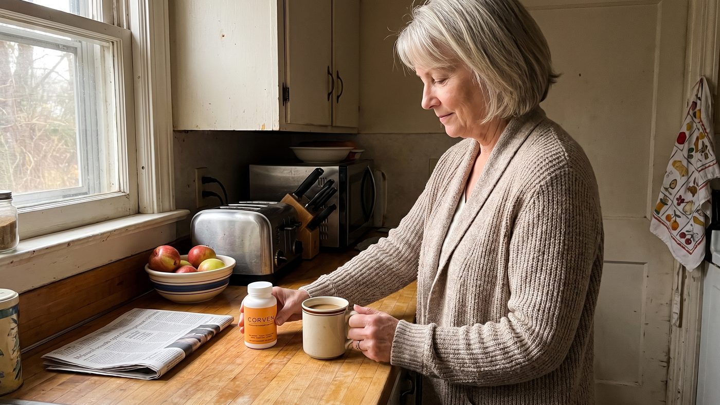A woman setting the Corven bottle on the kitchen counter beside a coffee mug